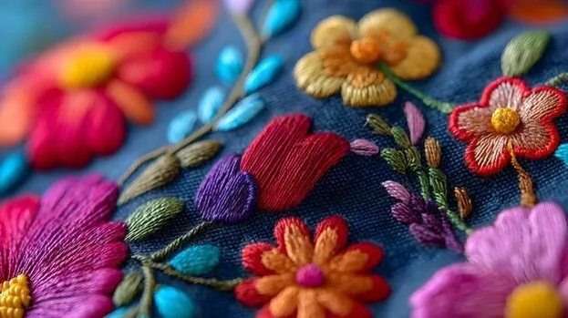 Macro view of multicoloured floral hand embroidery