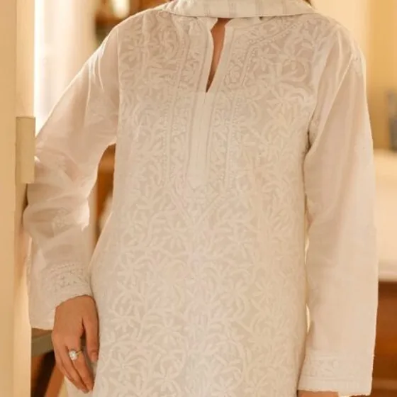 Close-up of white-on-white jaal chikankari hand embroidery