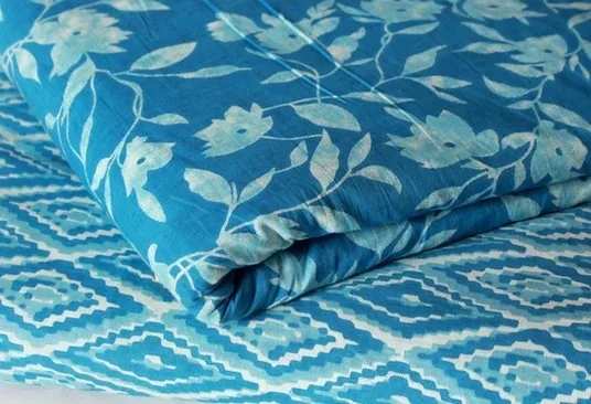 Blue block-printed cotton, folded