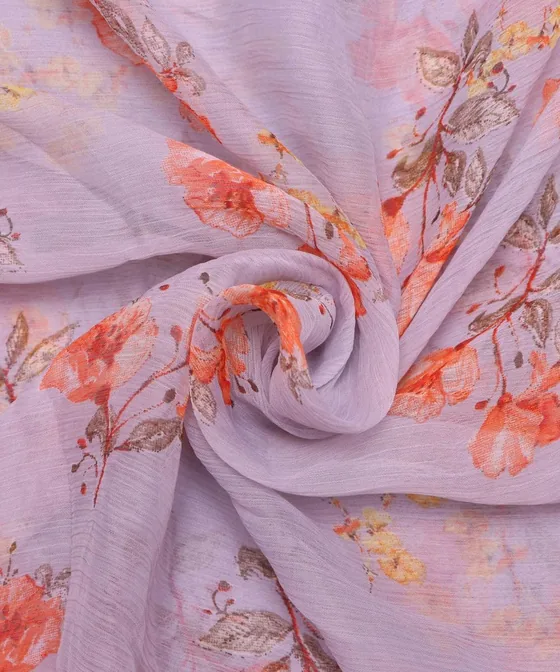 Lilac crinkle chiffon swirled, printed with coral and rust florals