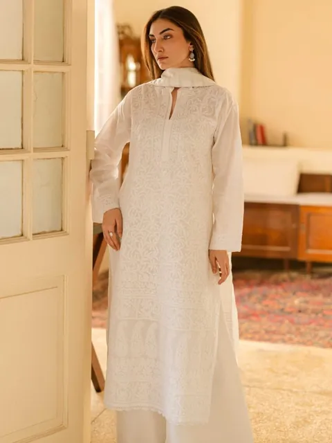 White-on-white jaal chikankari kurta with a wide palazzo
