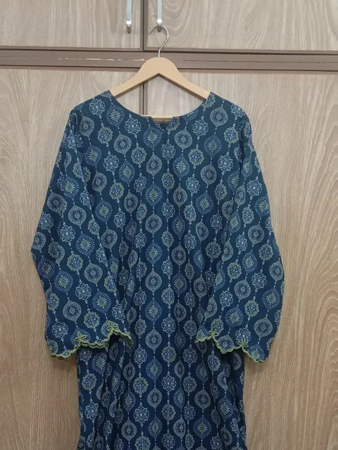 Teal ajrak-inspired block print two-piece with a scalloped embroidered hem